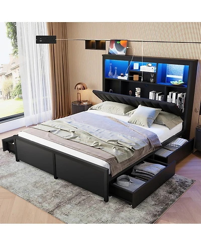 Streamdale Furniture Queen Bed Frame With Storage Headboard, Led, Charging, 4 Drawers