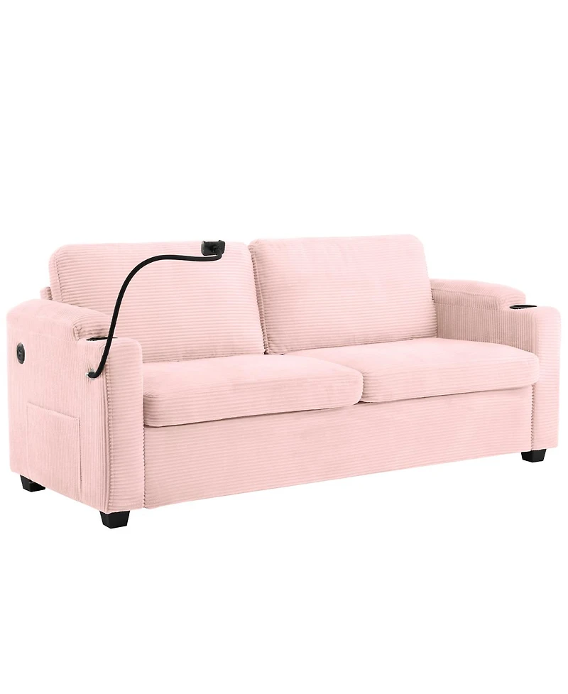 Streamdale Furniture Corduroy Sleeper Sofa with Mattress, Usb, Cup Holders and Pockets