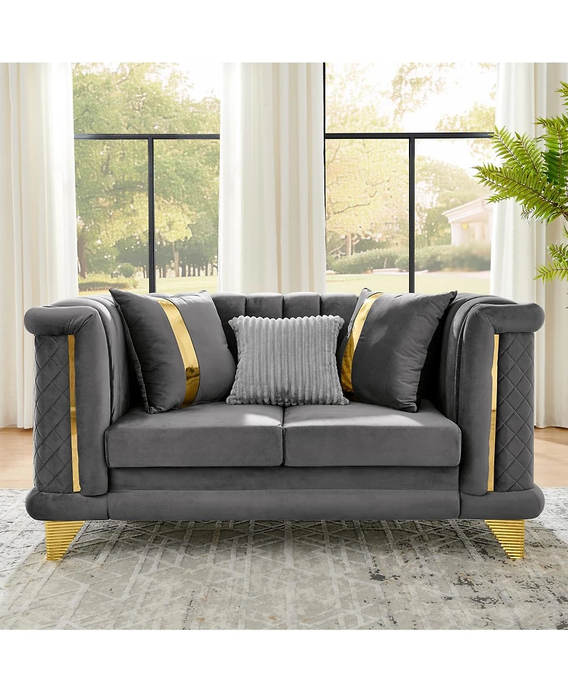 Streamdale Furniture Velvet Loveseat Sofa with Gold Trim and Pillows