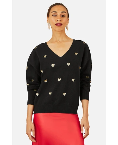 Yumi Women's Sequin Heart V-Neck Jumper