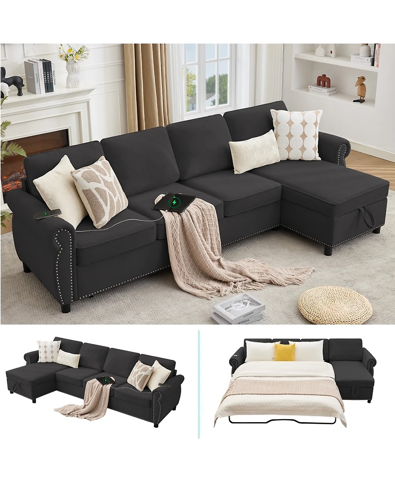 Streamdale Furniture 106.5" Modular L-Shape Pull Out Sofa Bed with Charging