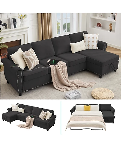 Streamdale Furniture 106.5" Modular L-Shape Pull Out Sofa Bed with Charging