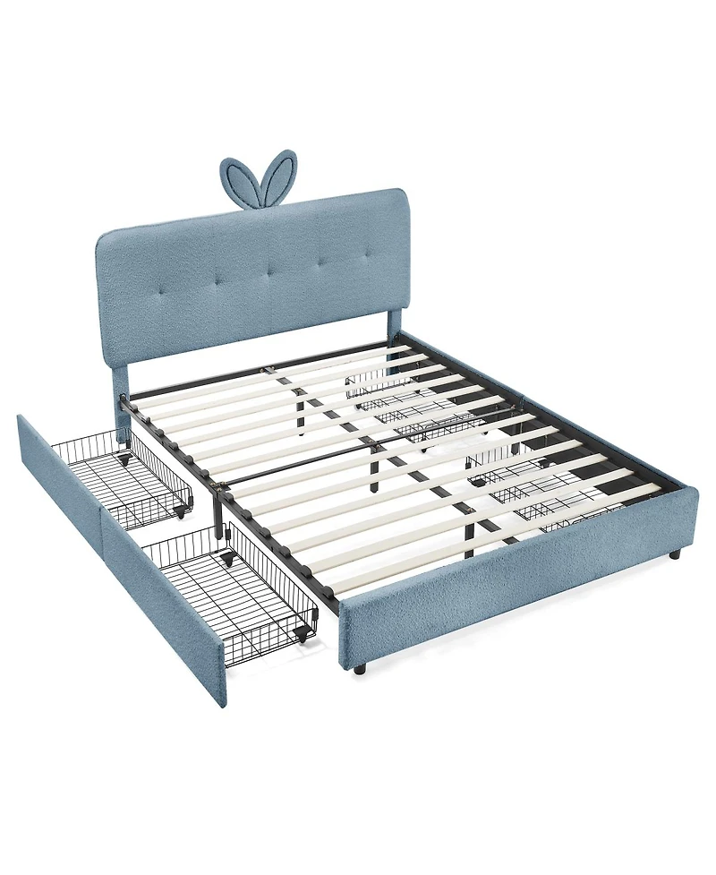Streamdale Furniture Kids Upholstered Bed With Rabbit Headboard, Led and Drawers