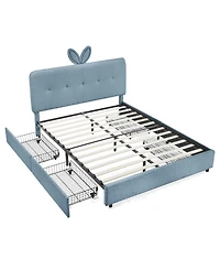 Streamdale Furniture Kids Upholstered Bed With Rabbit Headboard, Led and Drawers