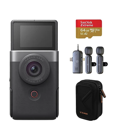 Canon PowerShot V10 Vlog Camera for Content Creators, Silver, Bundle with 64GB Uhs-i U3 microSDXC Memory Card with SD Adapter, 3-In-1 Wireless