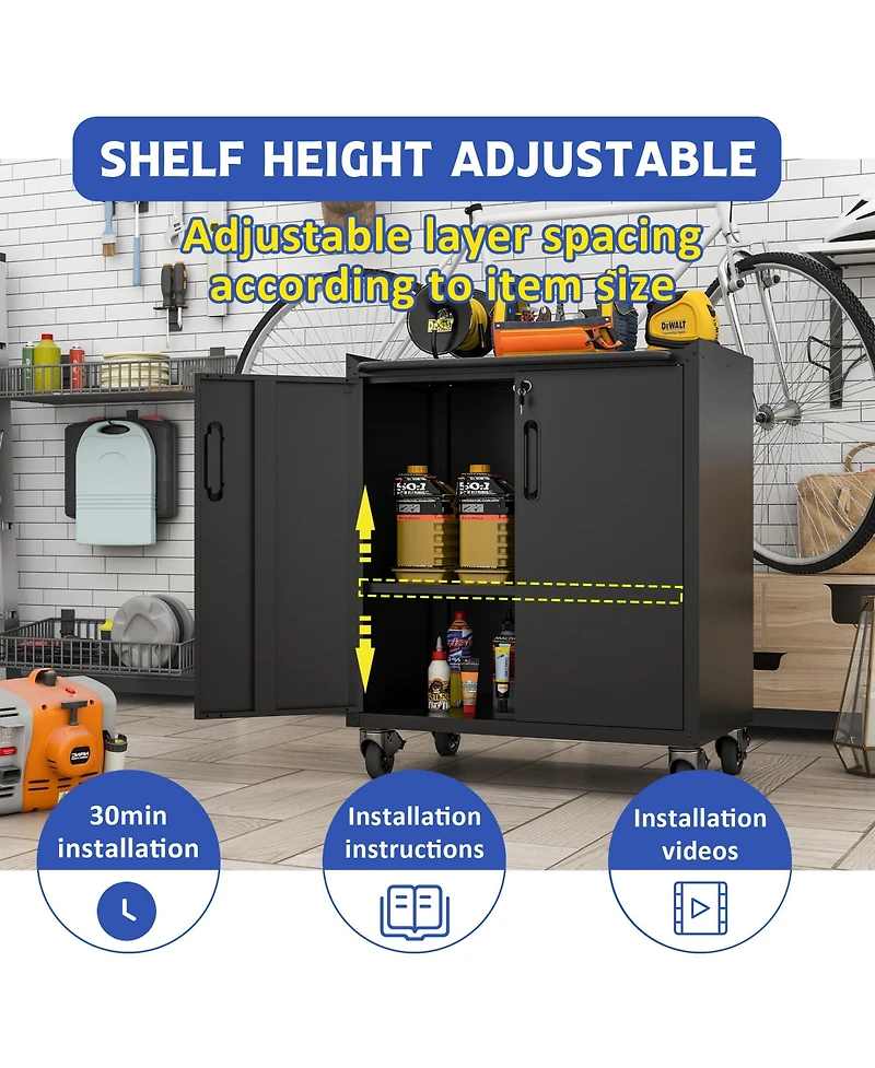 Viyet Heavy-Duty Rolling Metal Cabinet - Lockable 2-Door Tool Storage with Adjustable Shelves
