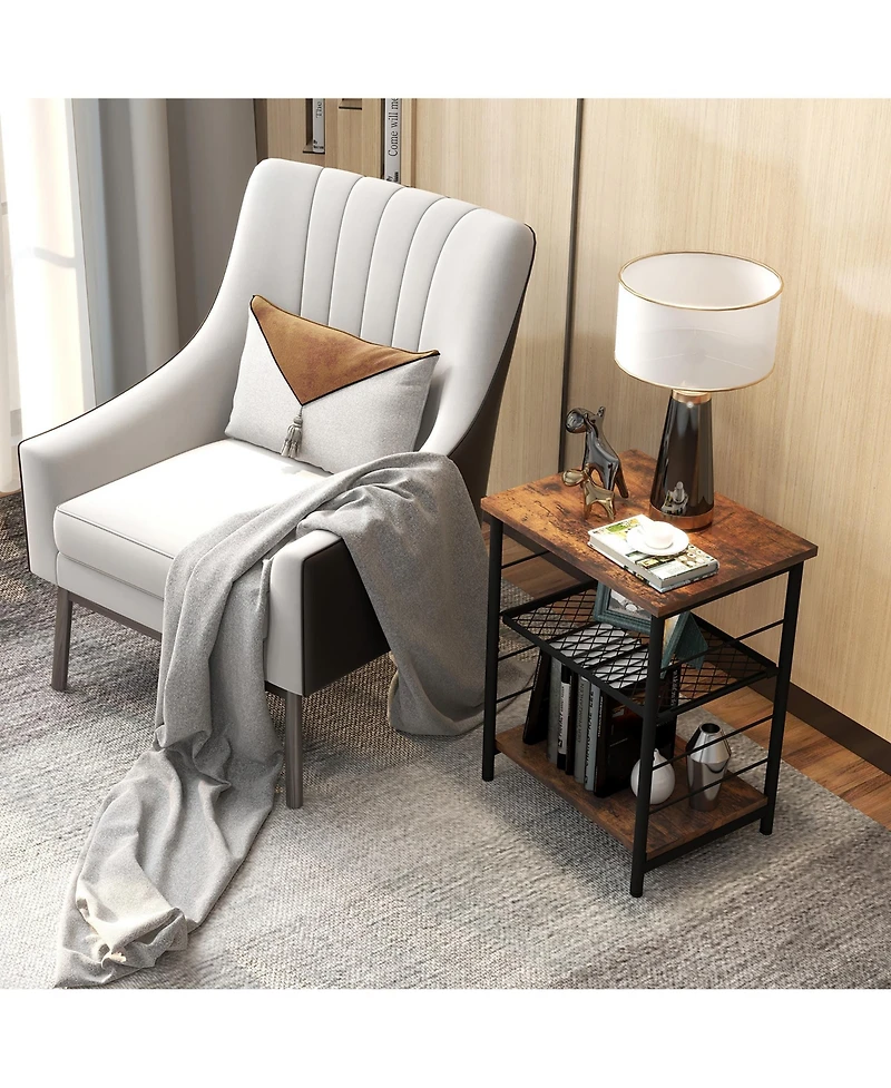 Gymax 3-Tier Side Table Industrial End Table w/ Adjustable Height Metal Mesh Shelf