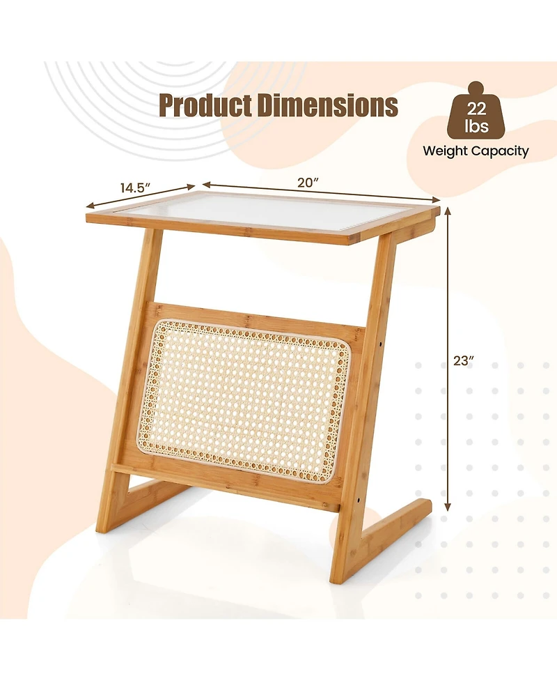 Gymax Z-shaped End Table Glass Top Bamboo Side Table w/ Magazine Rack and Rattan Shelf