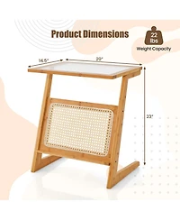 Gymax Z-shaped End Table Glass Top Bamboo Side Table w/ Magazine Rack and Rattan Shelf