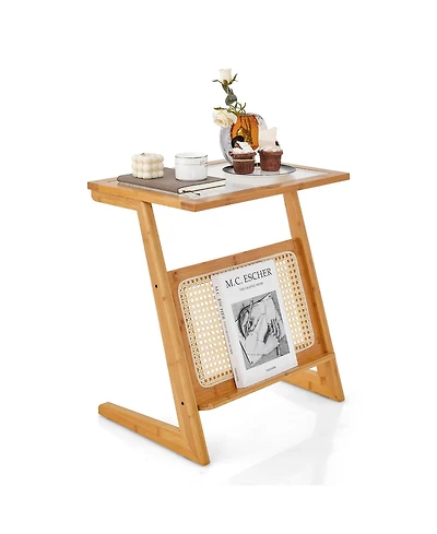 Gymax Z-shaped End Table Glass Top Bamboo Side Table w/ Magazine Rack and Rattan Shelf