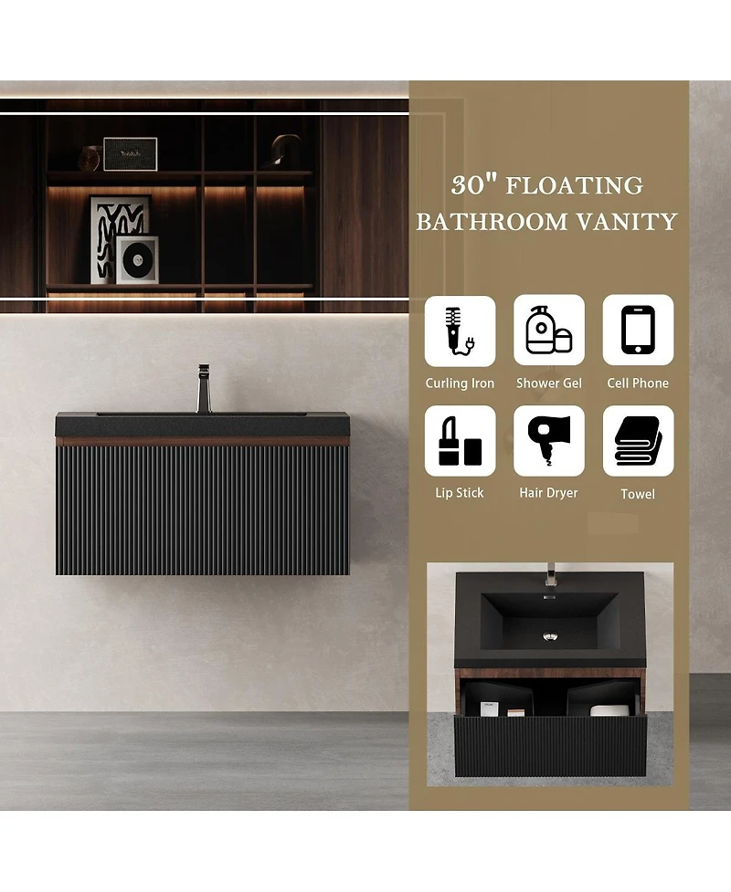 Sillysis Wall Mounted Bathroom Vanity, Quartz Sand Matte Sink, Wave Textured Drawer, Pre-Assembled Modern Cabinet