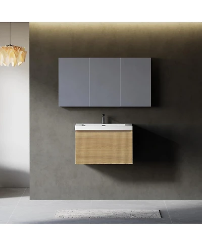 Sillysis Wall Mounted Bathroom Vanity, Glossy Stone Resin Sink, Oak Wave Textured Drawer