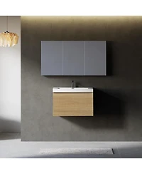 Sillysis Wall Mounted Bathroom Vanity, Glossy Stone Resin Sink, Oak Wave Textured Drawer