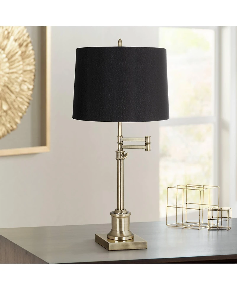 360 Lighting Swing Arm Desk Table Lamp 36" Tall Antique Brass Hardback Drum Shade for Living Room Bedroom Nightstand Office Family