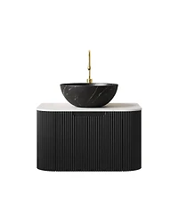 Sillysis Wall Mounted Bathroom Vanity, Carrara Sintered Stone Top , Striped Plywood Cabinet