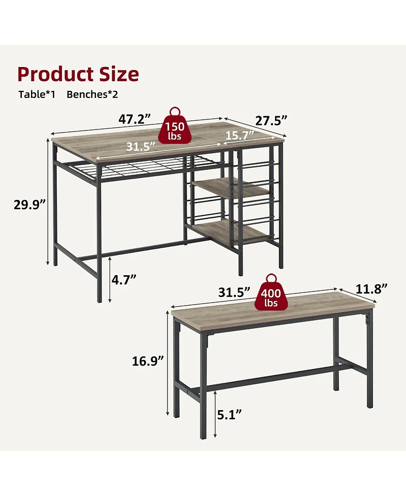 homfan 3 Pcs Dining Table Set with Tuck-In Benches, Wine Bottle Storage, Stemware Holder and Home Bar Set
