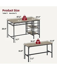 homfan 3 Pcs Dining Table Set with Tuck-In Benches, Wine Bottle Storage, Stemware Holder and Home Bar Set