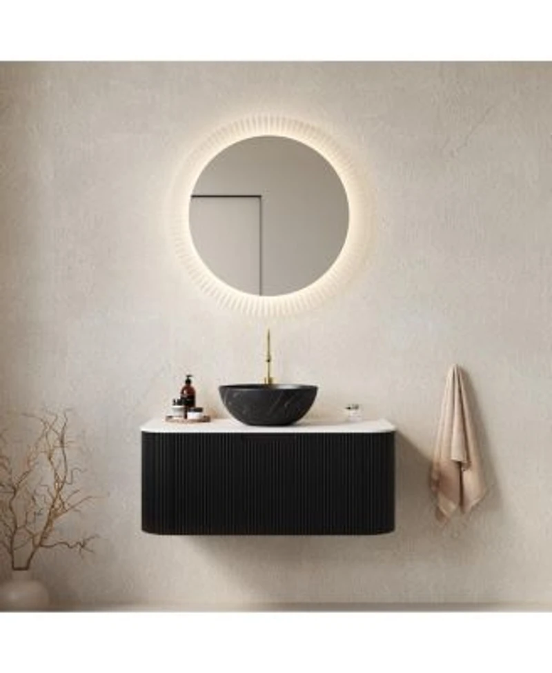Sillysis Wall Mounted Bathroom Vanity Carrara Sintered Stone Top Striped Plywood Cabinet Pre Assembled