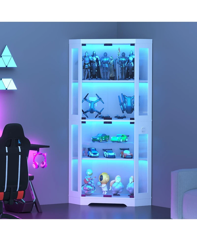homfan Hexagon Corner Display Cabinet with Tempered Glass Doors, Motion Sensor Led Lighting and Built-In Usb/Usb-c Charging Ports