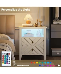 homfan Farmhouse Led Nightstand with 2 Drawers, V-shaped Design and Open Shelf, Rustic Bedside Table for Bedroom