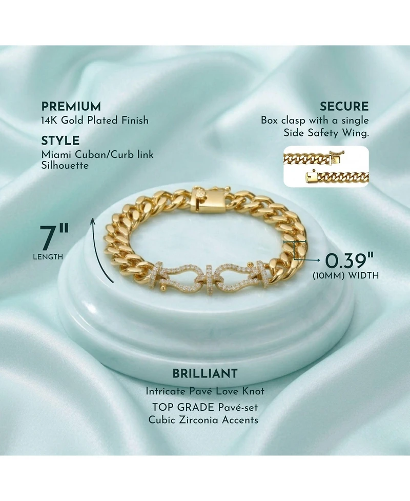 14k Yellow Gold Plated with Cubic Zirconia Love Knot Miami Cuban/Curb Chain Bracelet