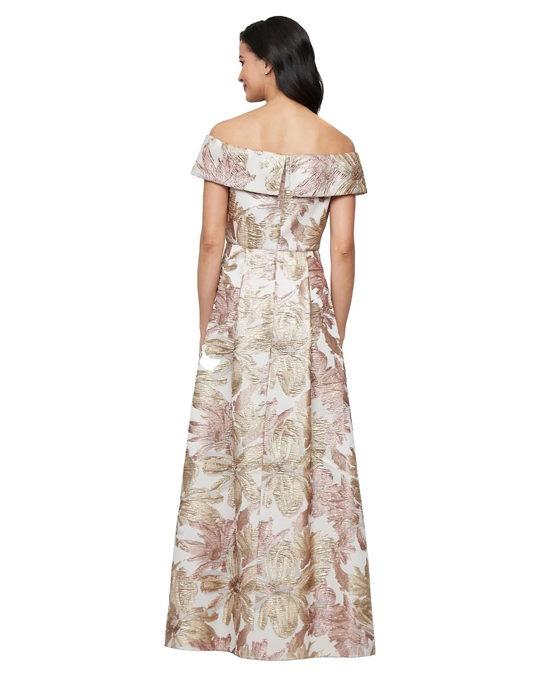 Alex Evenings Women's Off-the-Shoulder Printed Jacquard Ballgown