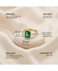 Sterling Silver 14k Yellow Gold Plated with Green & Cubic Zirconia 3-Stone Statement Ring