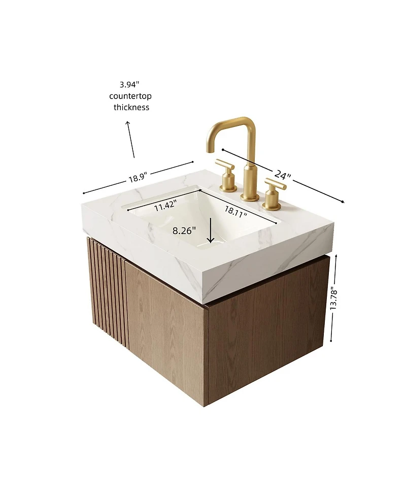 Sillysis Wall Mounted Bathroom Vanity, Carrara Sintered Stone Top, 3-Hole Ceramic Sink, Soft Close Cabinet