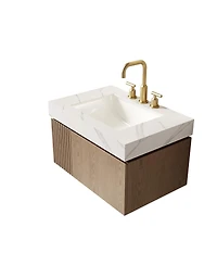 Sillysis Wall Mounted Bathroom Vanity, Carrara Sintered Stone Top, 3-Hole Ceramic Sink, Soft Close Cabinet