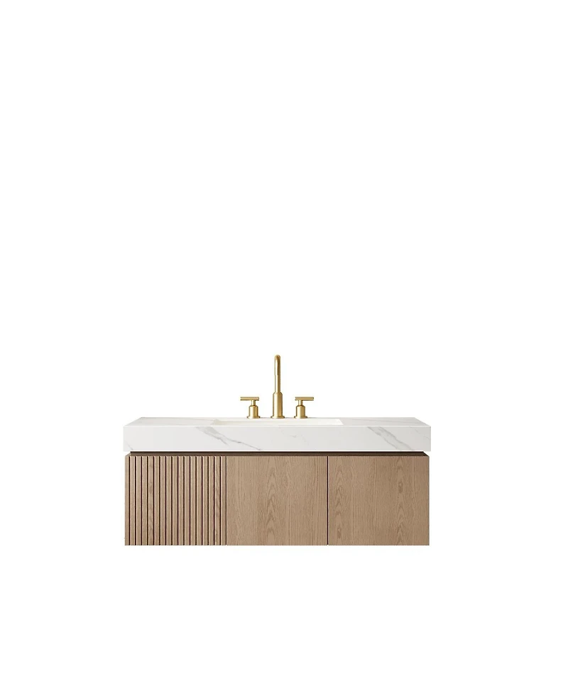 Sillysis Wall Mounted Bathroom Vanity, Carrara Sintered Stone Top, 3-Hole Ceramic Sink, Soft Close Cabinet