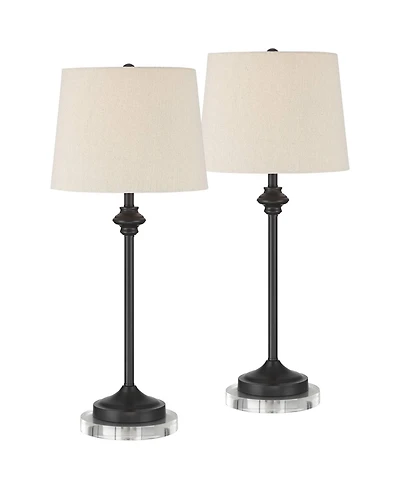 360 Lighting Lynn Modern Industrial Buffet Table Lamps Set of 2 with Round Risers 27" Tall Bronze Metal Oatmeal Drum Shade for Bedroom Living Room