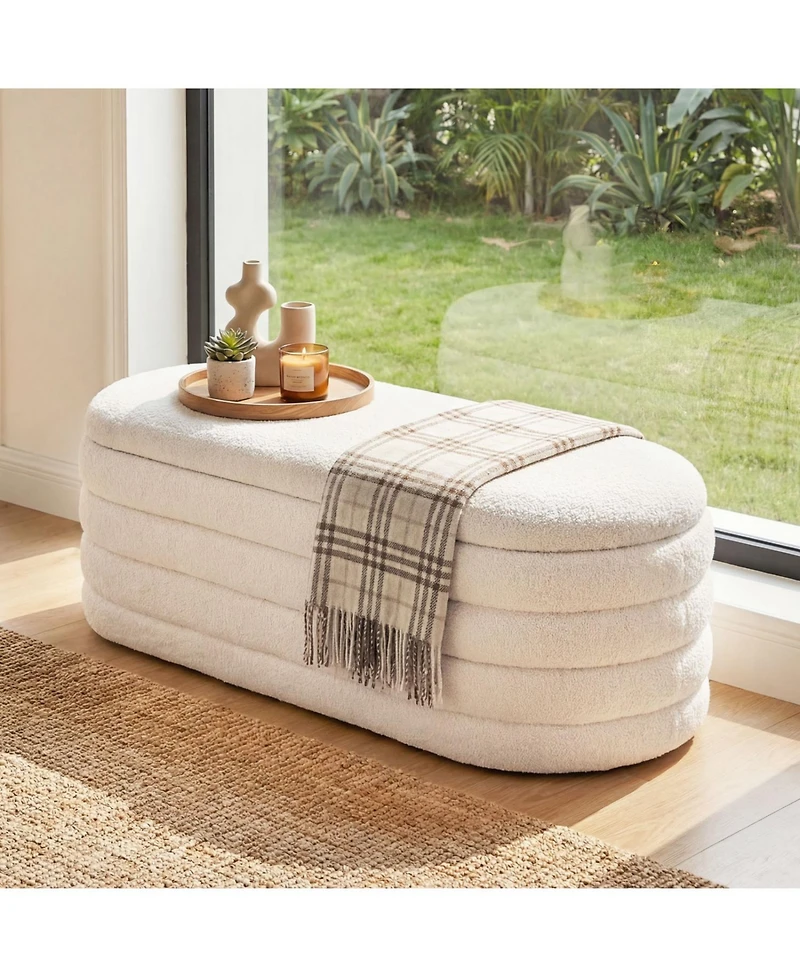 Slickblue Fabric Storage Ottoman Bench for Bedroom with Dual Struts and Upholstered Seat-White