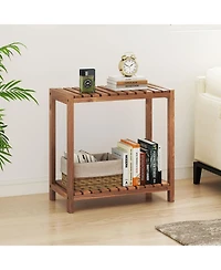 Gymax 2-Tier Side Table Teak Wood Stand Utility Storage Shelf Organizer Entryway Bench