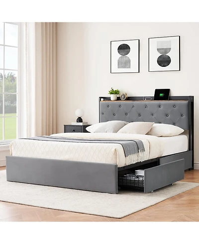 gaomon Queen Size Bed Frame with 4 Storage Drawers and Charging Station, Upholstered Bed Frame with Storage Headboard