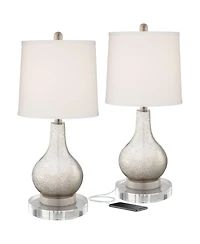 360 Lighting Ledger Modern Accent Table Lamps Set of 2 with Round Risers 22 3/4" High Mercury Glass Led Nightlight Fabric Drum Shade for Living Room