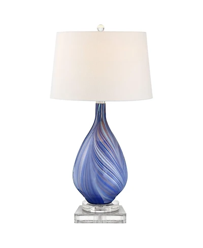 Possini Euro Design Taylor Modern Table Lamp with Square Riser 30 1/2" Tall Blue Art Glass White Fabric Drum Shade for Bedroom Living Room Bedside