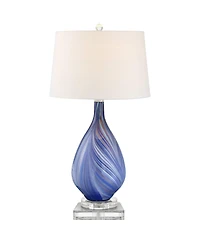 Possini Euro Design Taylor Modern Table Lamp with Square Riser 30 1/2" Tall Blue Art Glass White Fabric Drum Shade for Bedroom Living Room Bedside