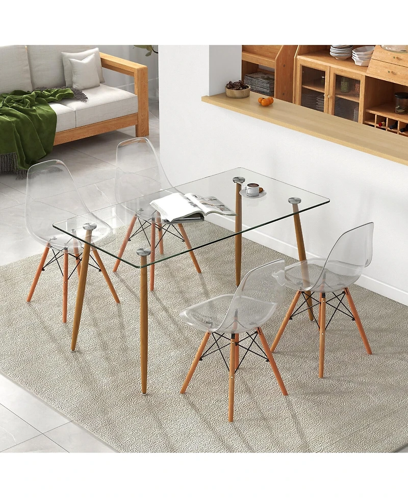 Gymax Modern 5-Piece Dining Table Set w/ Rectangle Glass Table and 4 Transparent Chairs