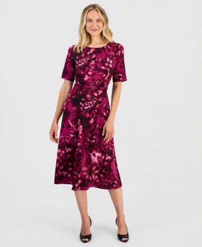 Kasper Womens Pleat Neck Belted Short Sleeve Dress