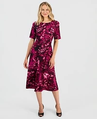 Kasper Womens Pleat Neck Belted Short Sleeve Dress