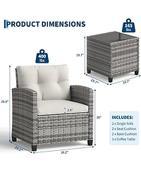 GarveeLife 3-Piece Pe Rattan Patio Conversation Set with Cushions Outdoor Wicker Chairs and Tempered Glass Coffee Table