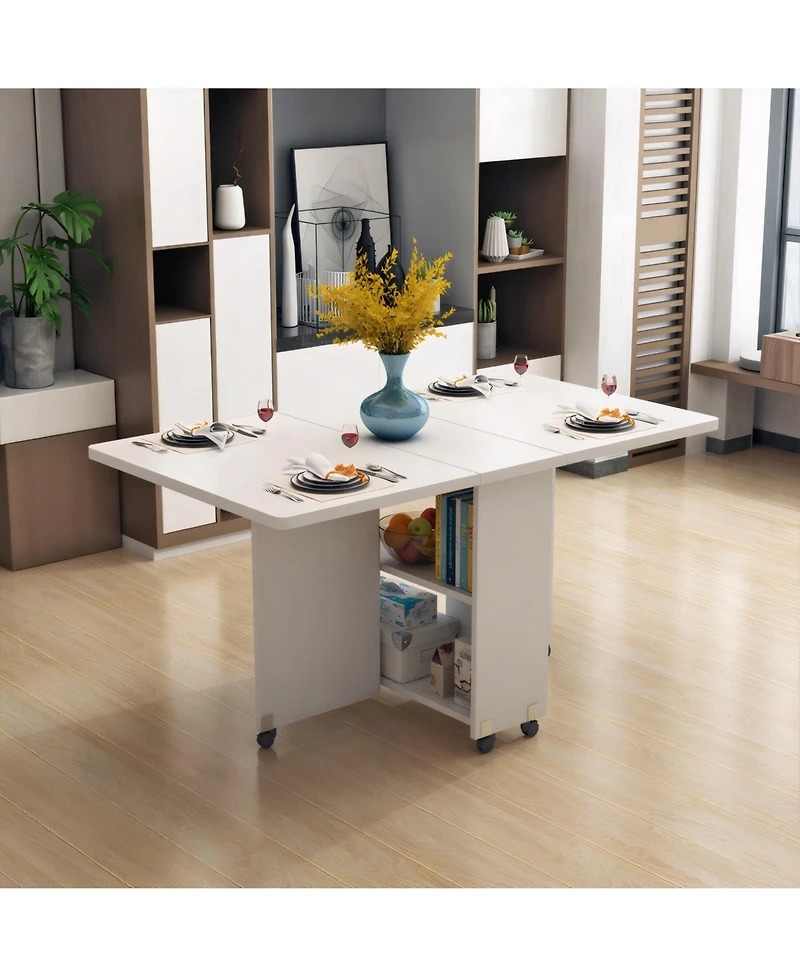 Rainsken Folding Dining Table, Drop Leaf Table with 6 Wheels and 2-Layer Storage Shelf for Small Spaces, Modern Rectangular Kitchen Dining Table
