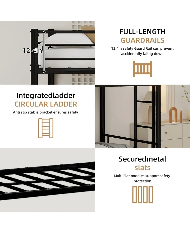 Rainsken Metal Twin Over Twin Bunk Bed with Trundle, Sturdy Heavy Duty Bunk Bed, with Ladders and Safety Guardrail, Noise Reduced,No Box Spring Needed