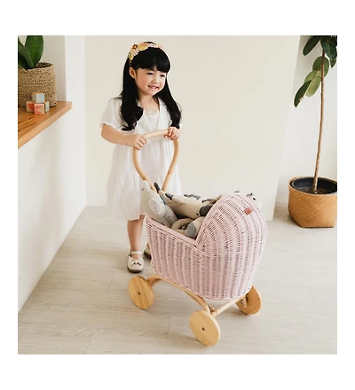 Momiji Colette Handcrafted Rattan Doll Stroller with Wooden Wheels and Toy Mattress