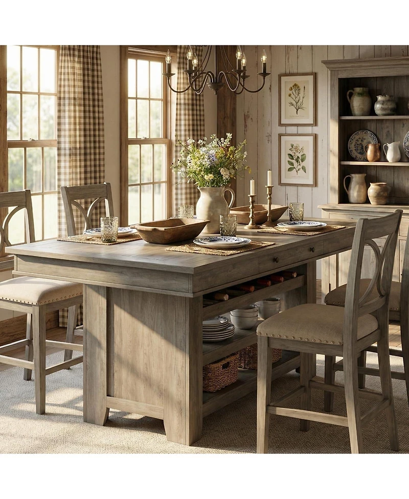 homfan Counter Height Dining Table with 2 Drawers, Wine Rack and 3 Shelves