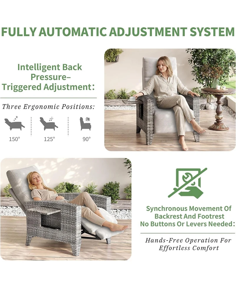 GarveeLife Outdoor Reclining Chair Patio with Adjustable Backrest and Footrest, All-Weather Wicker Chaise Lounge