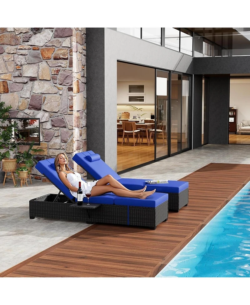 GarveeLife Set of 2 Outdoor Chaise Lounge Chairs with Cushions, 5-Position Backrest, Fold-Down Side Tray, Pe Wicker Patio Recliners