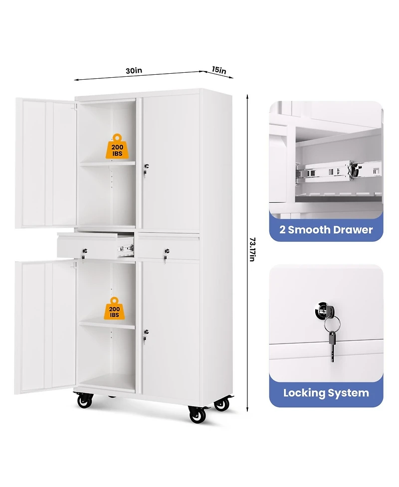Gaomon 73" Heavy Duty Metal Storage Cabinet with Wheels, Locking Doors and 2 Drawers for Garage, Workshop, Office