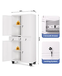 Gaomon 73" Heavy Duty Metal Storage Cabinet with Wheels, Locking Doors and 2 Drawers for Garage, Workshop, Office