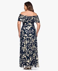 Betsy & Adam Plus Printed Off-The-Shoulder Ball Gown